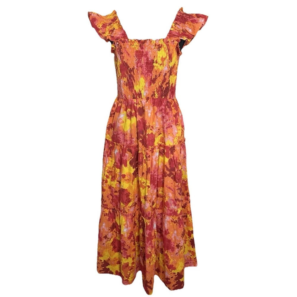 PINCH Women LARGE Colorful Watercolor Romantic Ruffles Smocked Tiered Maxi Dress